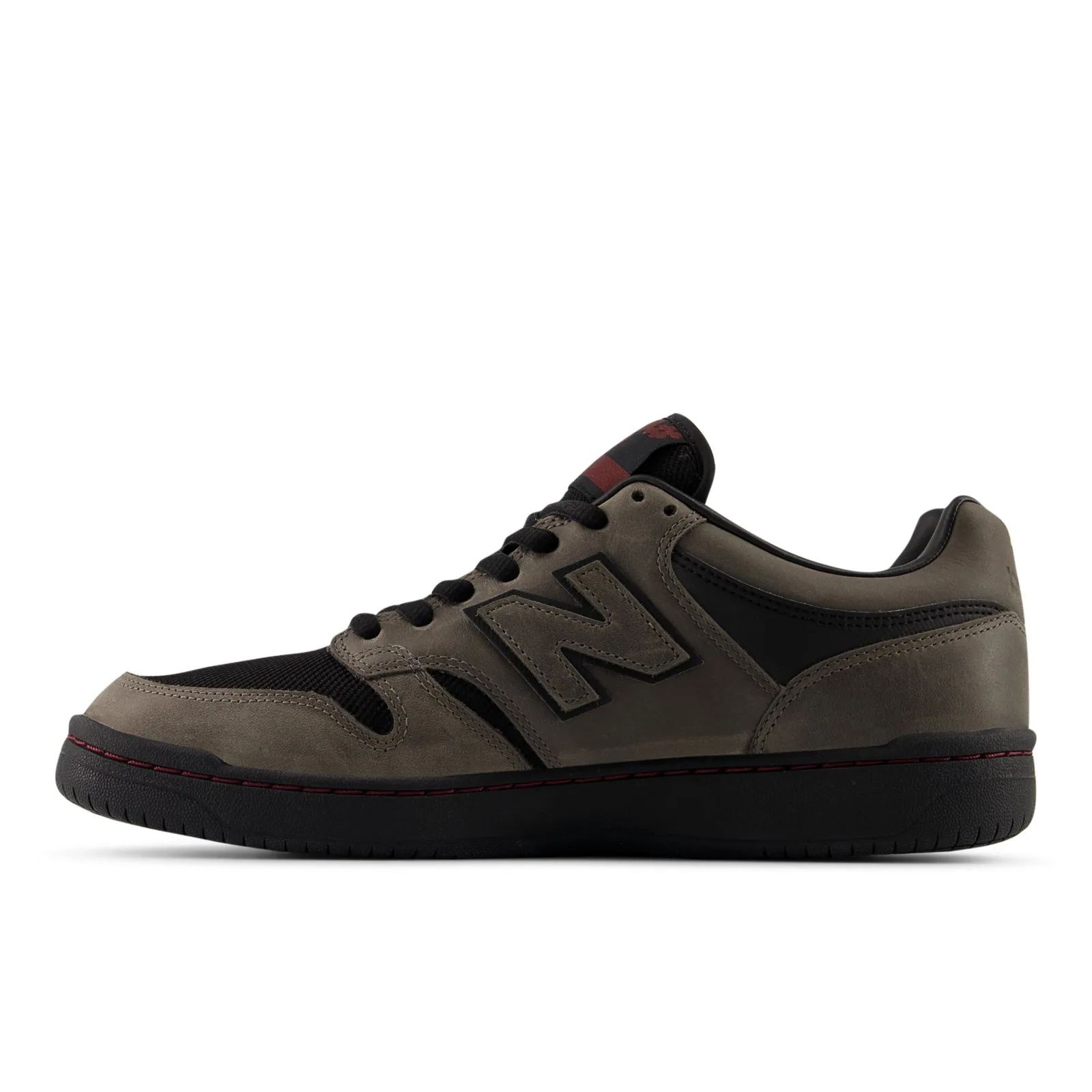 Medial view on white, brown leather and black mesh panels, N logo, black midsole with red stitching, x GORE TEX