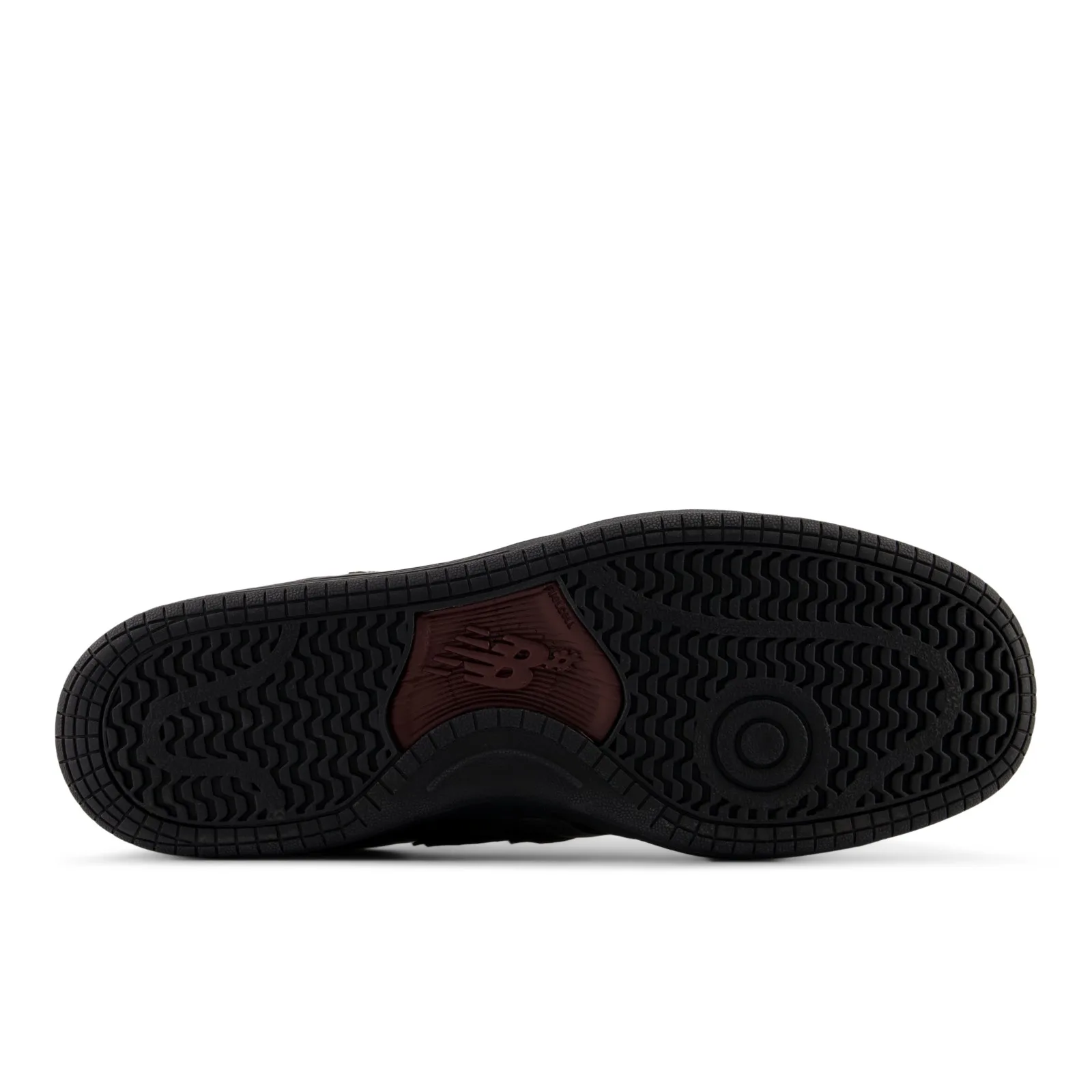 Outsole view, black rubber with zigzag tread, circular pivot point, red-brown logo patch in arch, x GORE TEX