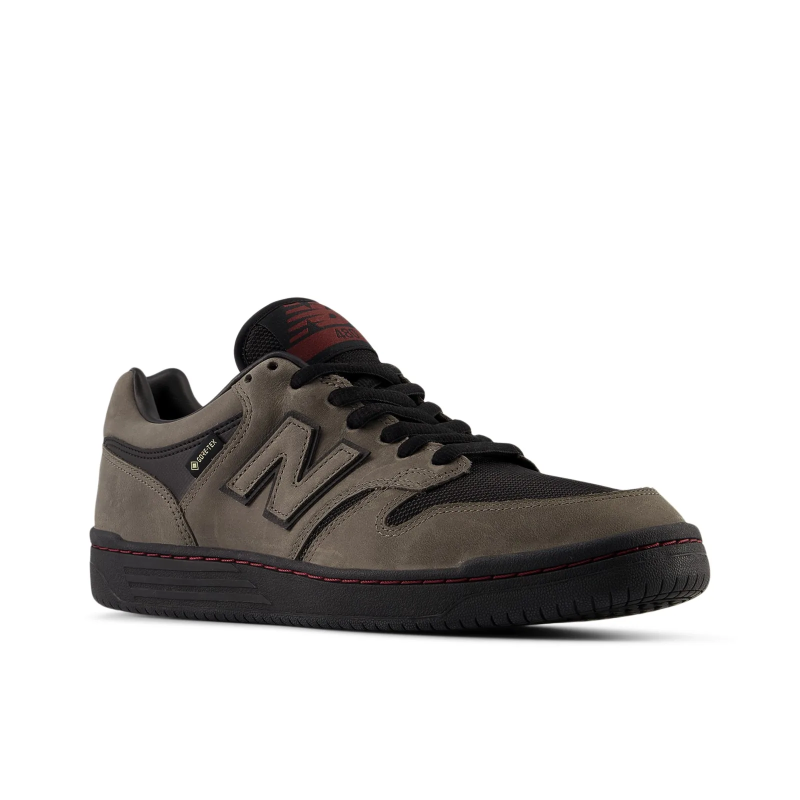 Three-quarter front view on white, brown leather and black mesh, black laces, red stitching on sole, x GORE TEX