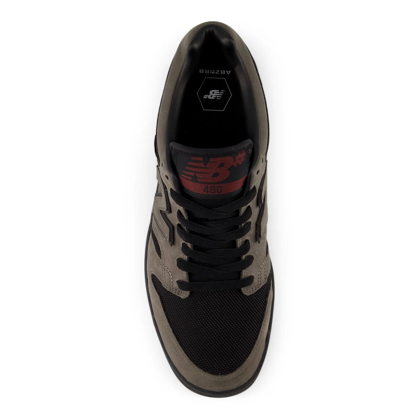 Top-down view, black laces, red tongue logo with 480 text, hexagon logo on black insole, x GORE TEX