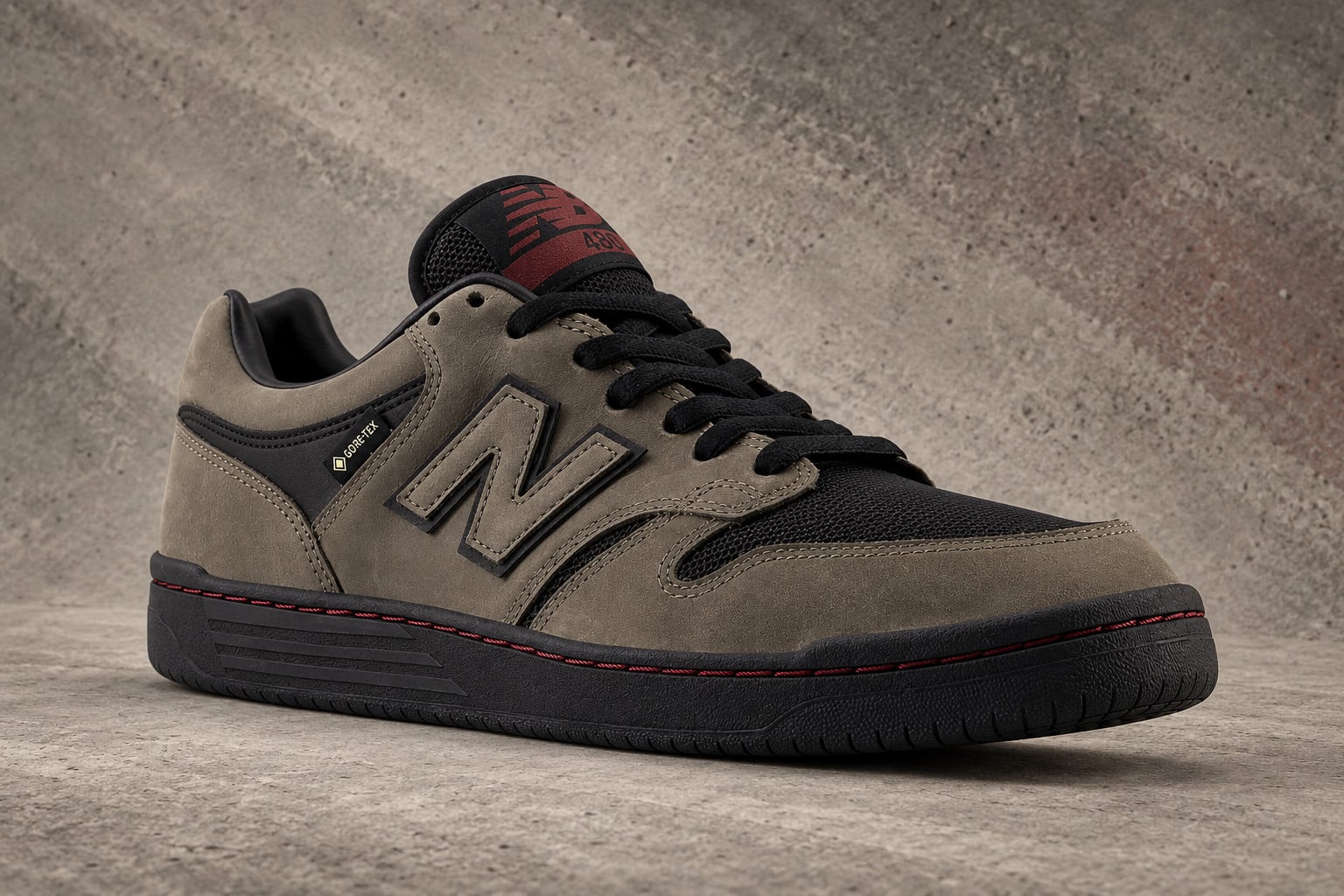 Three-quarter lateral view on grey concrete, taupe nubuck, black sole, Gore-Tex tag, red, New Balance Numeric 480 x GORE TEX
