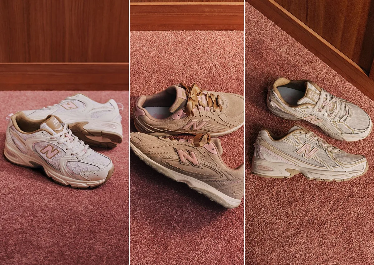 Triptych of three sneaker pairs on pink carpet beside wood panelling, one with gold ribbon laces, Sakura