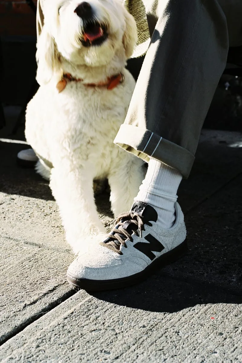 On-foot cream suede sneaker with dark N and white sock, beside a fluffy white dog on pavement, Café