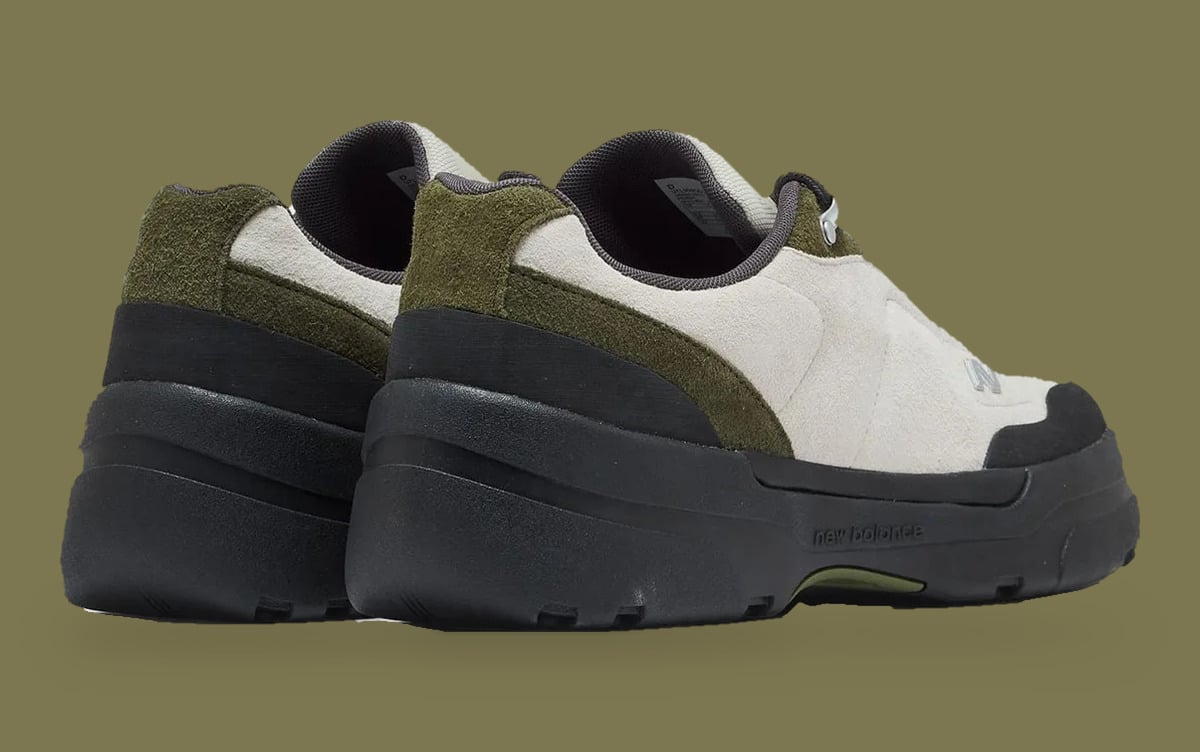 Pair in heel-three-quarter view, olive heel tabs, cream suede, chunky black midsole, Army Green