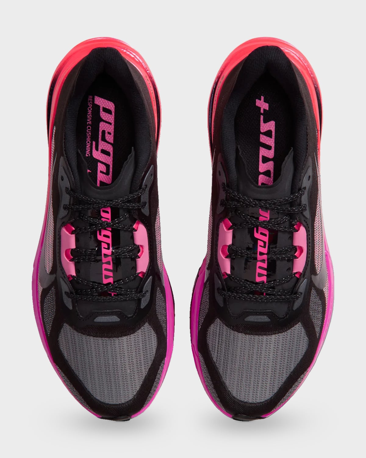 Top-down pair with grey mesh toes, black laces and pink Pegasus+ lettering, Dark Tour Collection