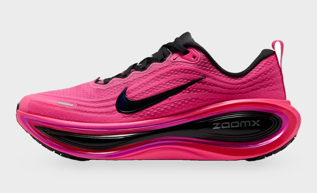 Lateral view with pink textured mesh and a glossy black ZoomX midsole panel, Dark Tour Collection