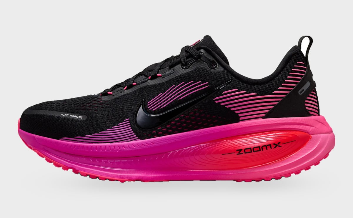 Lateral view with black mesh, pink stripes and a sculpted pink ZoomX midsole, Dark Tour Collection