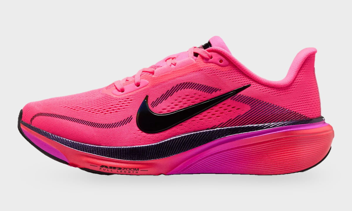 Lateral view with bright pink mesh, a black Swoosh and purple midsole accents, Dark Tour Collection