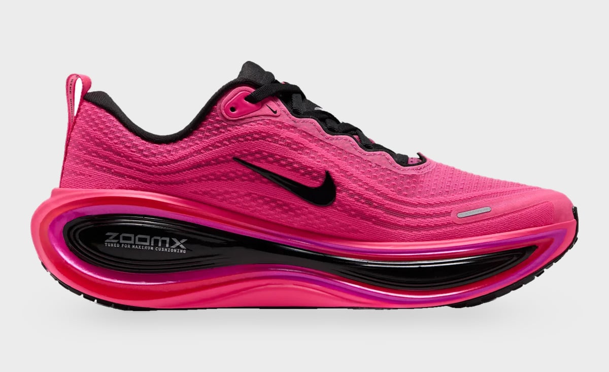 Medial view with pink textured mesh and a glossy black ZoomX midsole panel, Dark Tour Collection