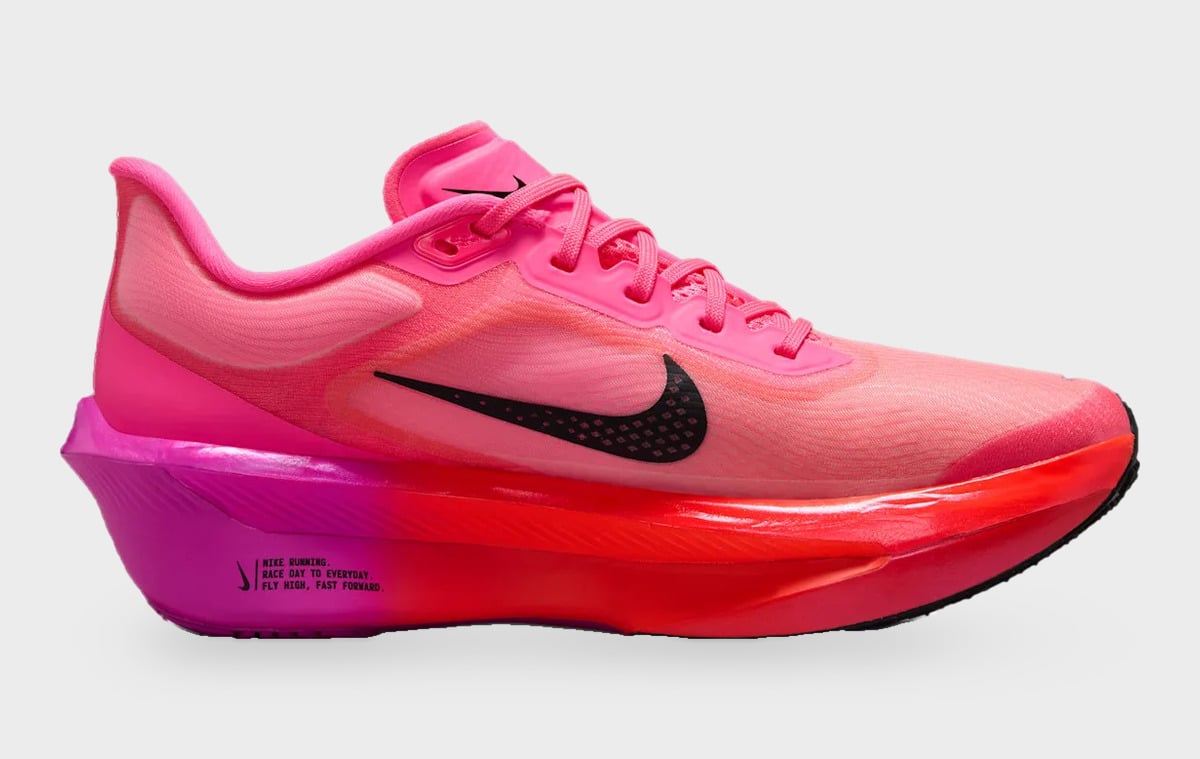 Medial view with pale pink mesh, a black Swoosh and orange-to-purple midsole, Dark Tour Collection