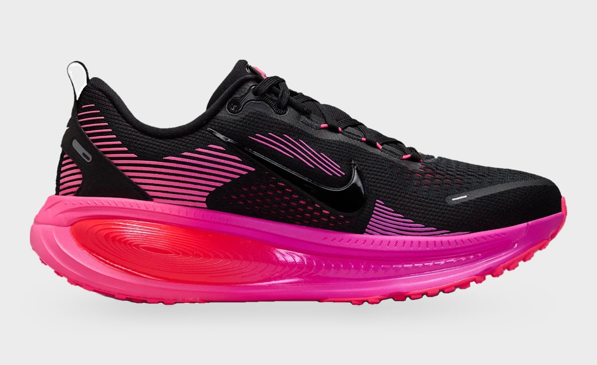 Medial view with black mesh, pink stripes and a sculpted pink midsole, Dark Tour Collection