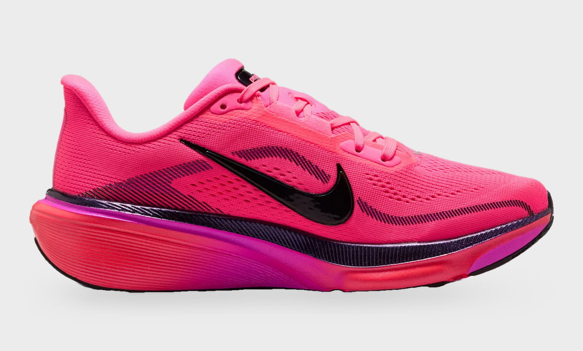 Medial view with bright pink mesh, a black Swoosh and purple midsole accents, Dark Tour Collection