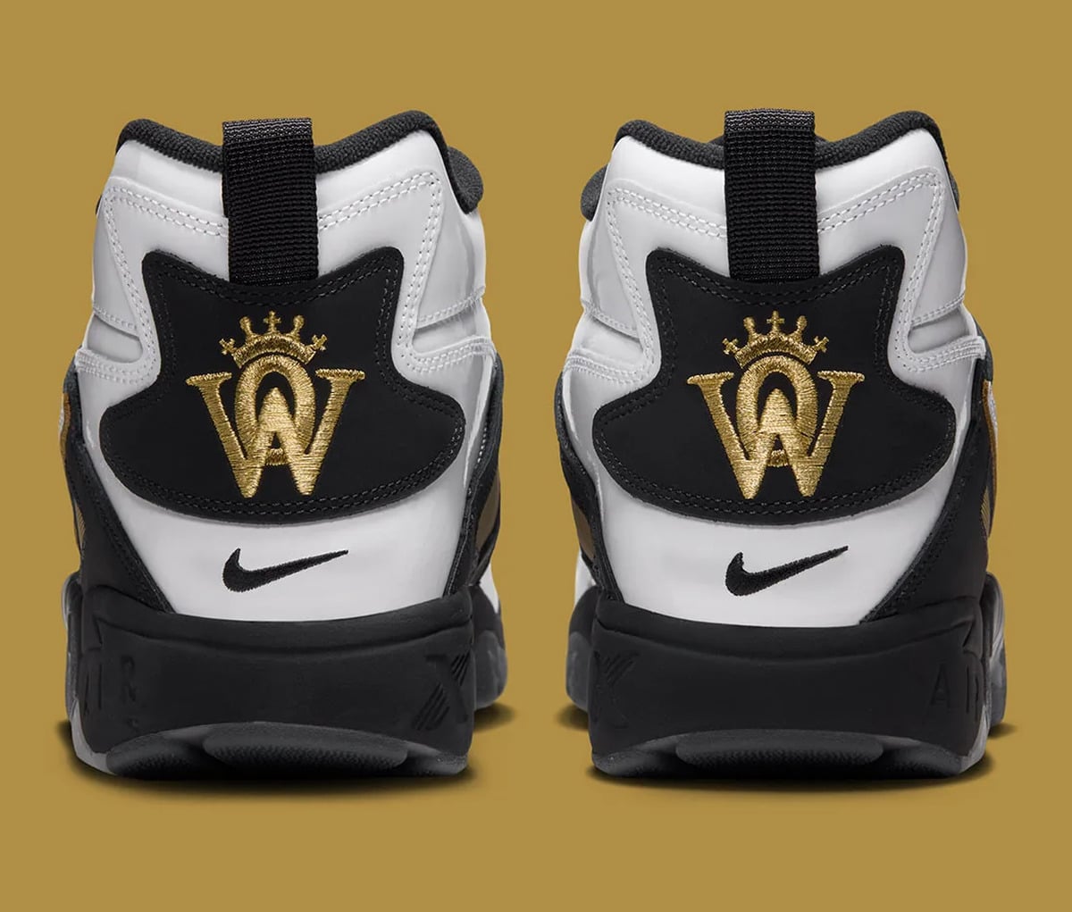 Heel view of pair, gold crown and W embroidery on black heel tabs, black swoosh, White/Black