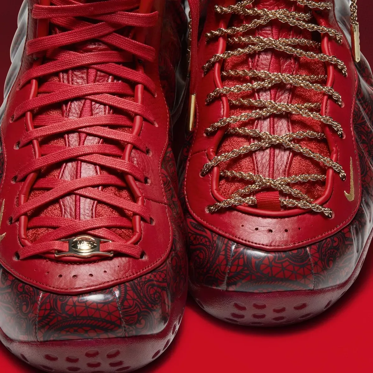 Detail of two toe boxes, left with red flat laces and gold lace lock, right with gold chain laces, Gym Red