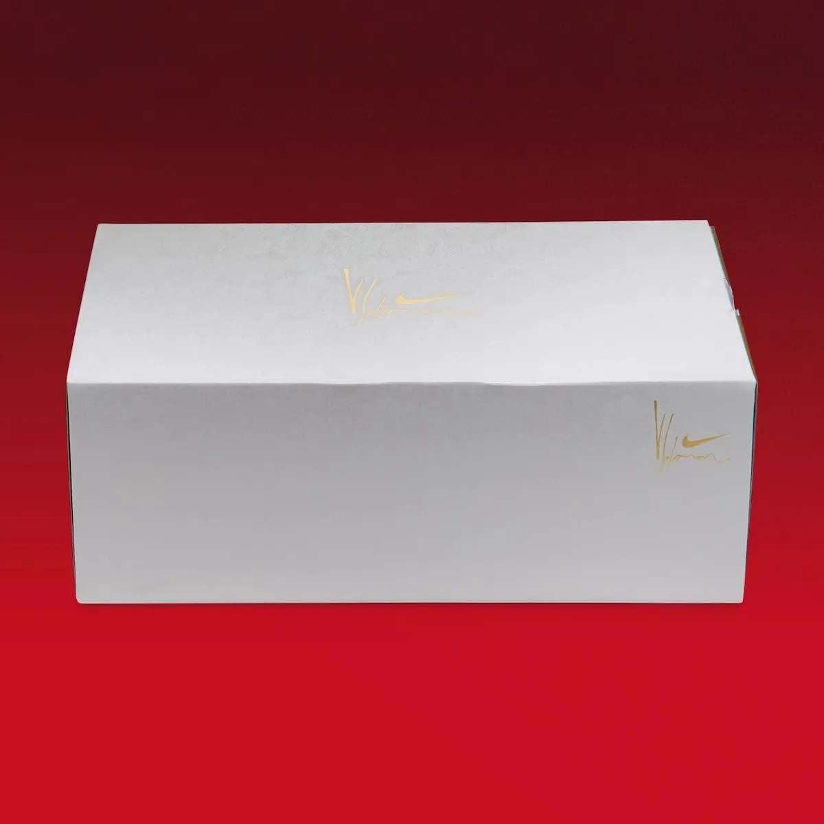 Packaging, plain white shoe box with gold signature and swoosh printed on top and side, Gym Red