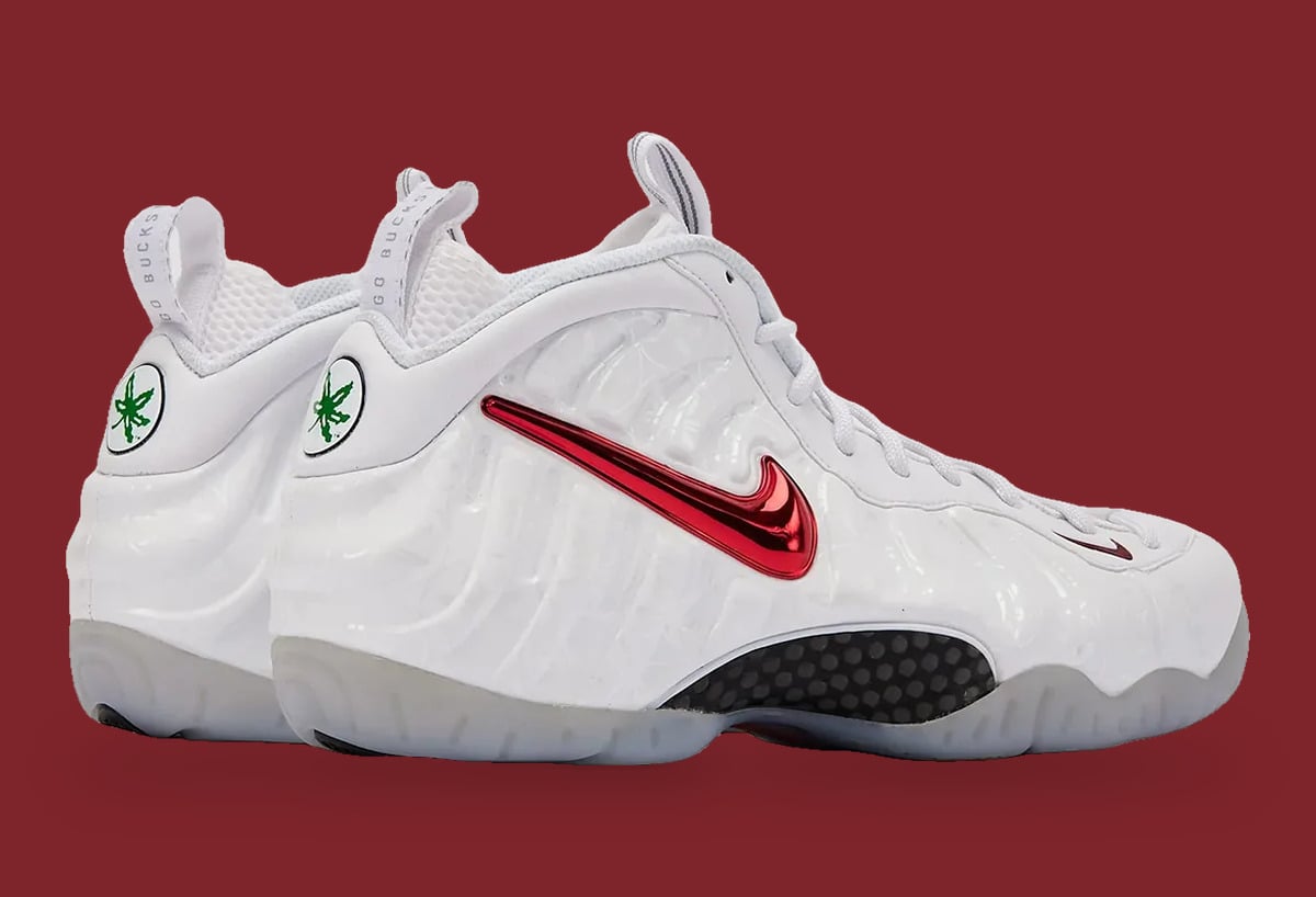 Pair, lateral and heel view, red chrome swoosh and green leaf heel badge, maroon backdrop, Ohio State