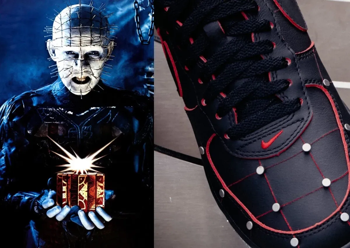 Split image: pale pinheaded horror character holding glowing puzzle box, beside close-up, Nike Air Force 1 ’01 “Nightmare”
