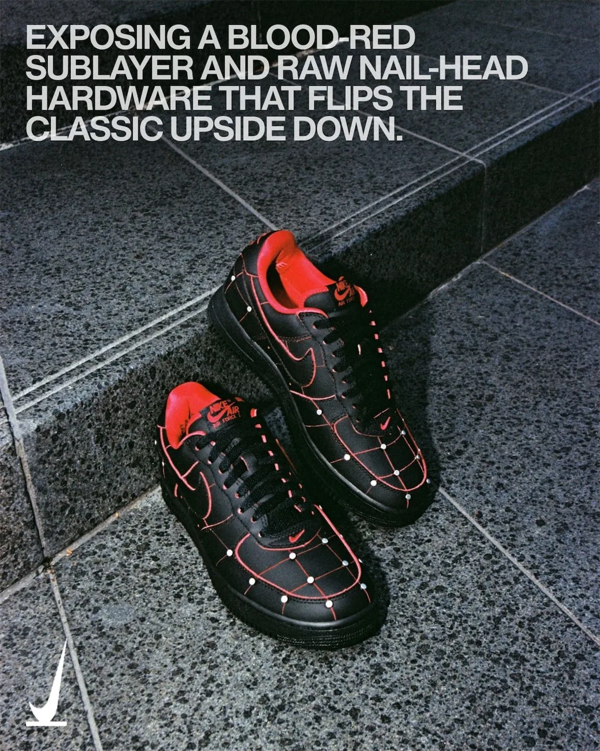 Pair on stone steps, black leather with red grid stitching, silver studs, red tongues, headline text overlay, Nightmare