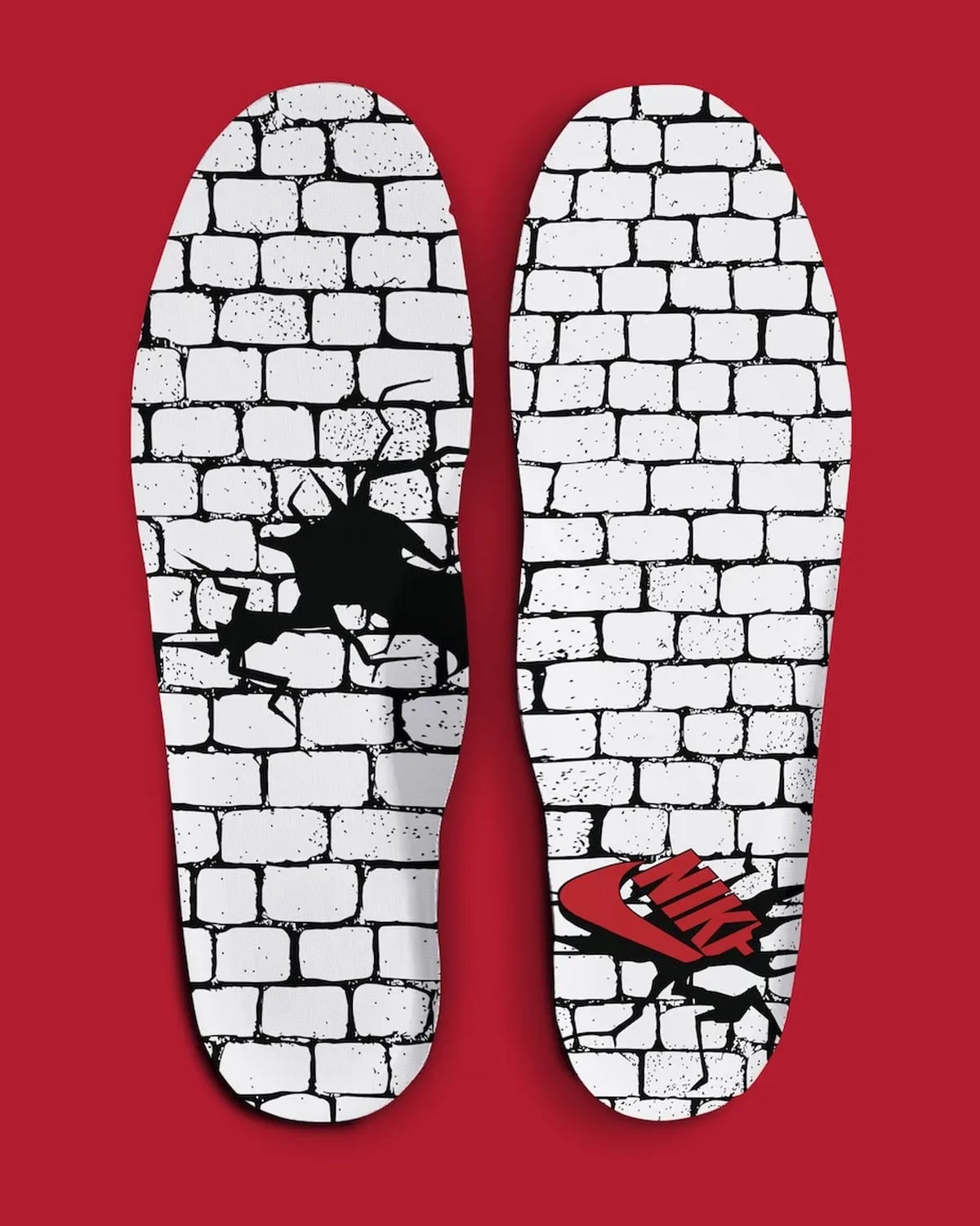 Top-down insoles, black-and-white brick wall print with red Nike logo on red, Philly