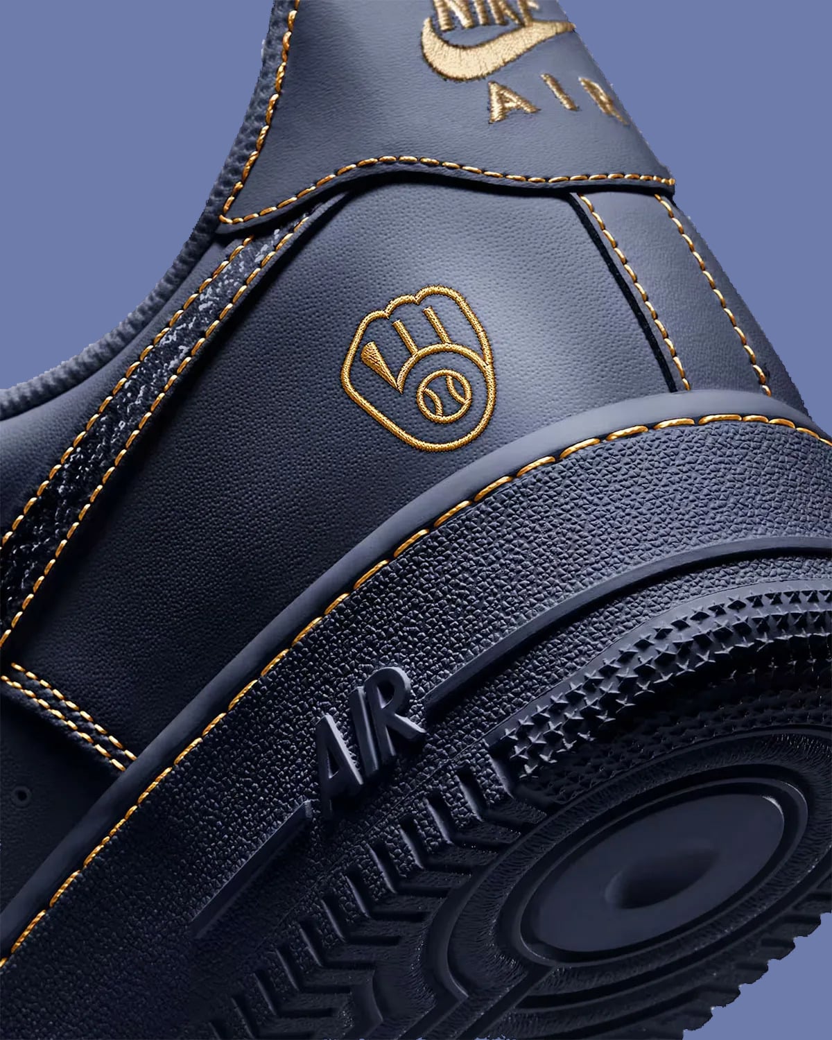 Heel detail, gold glove logo and gold Air embroidery on navy leather with gold stitching, Milwaukee Brewers