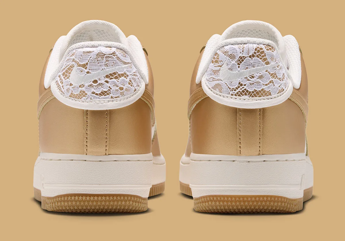 Heel view of pair, white floral lace heel tabs with embroidered Swoosh, gold leather, Lace