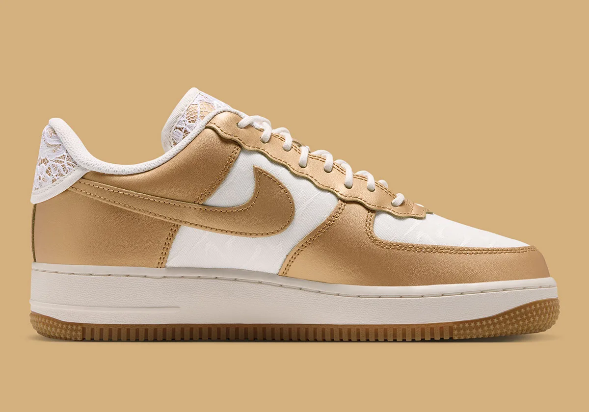 Medial view on tan background, gold Swoosh, white lace heel tab, gum outsole, Lace