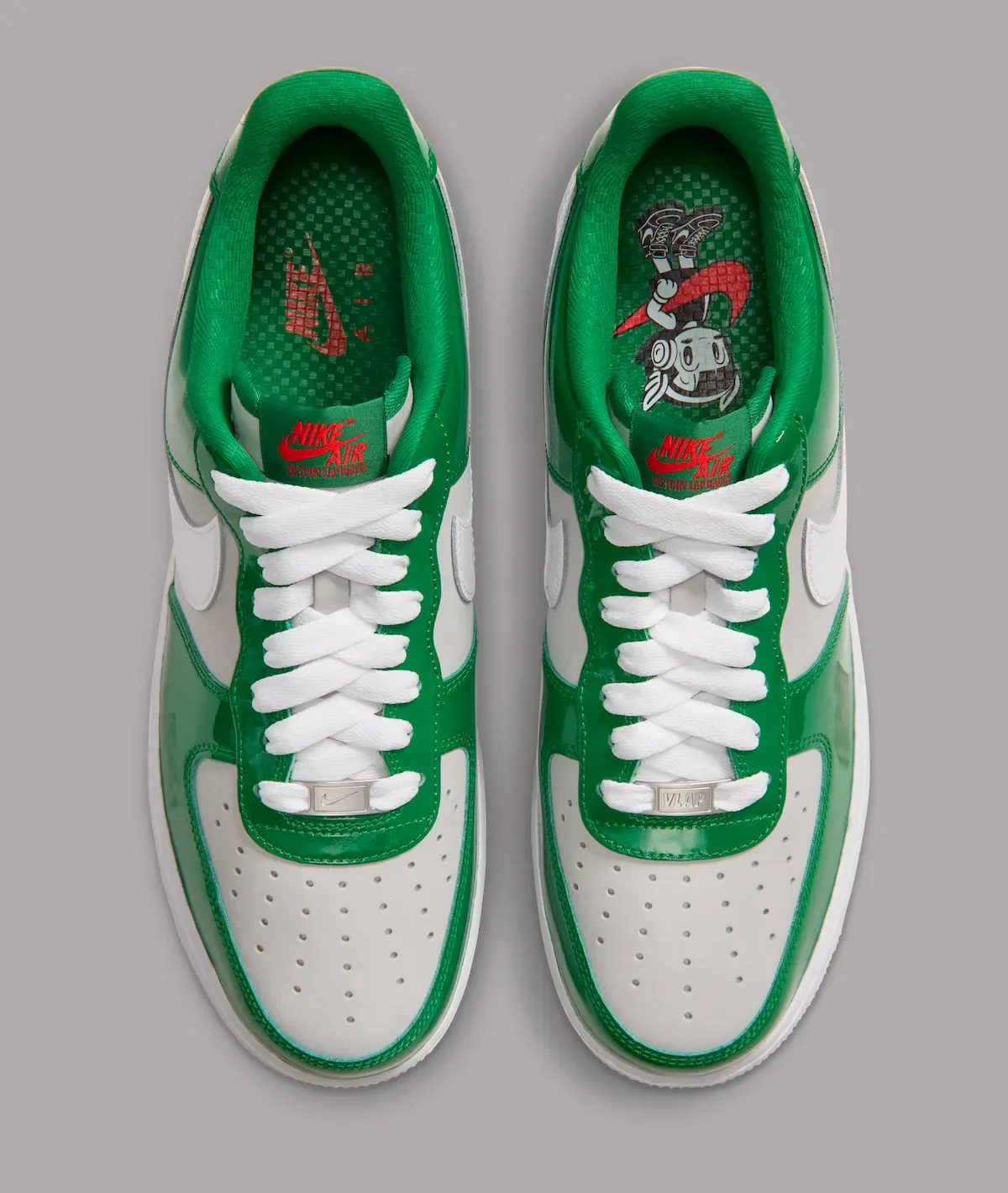 Top-down pair with white laces and green graphic insoles, Pine Green