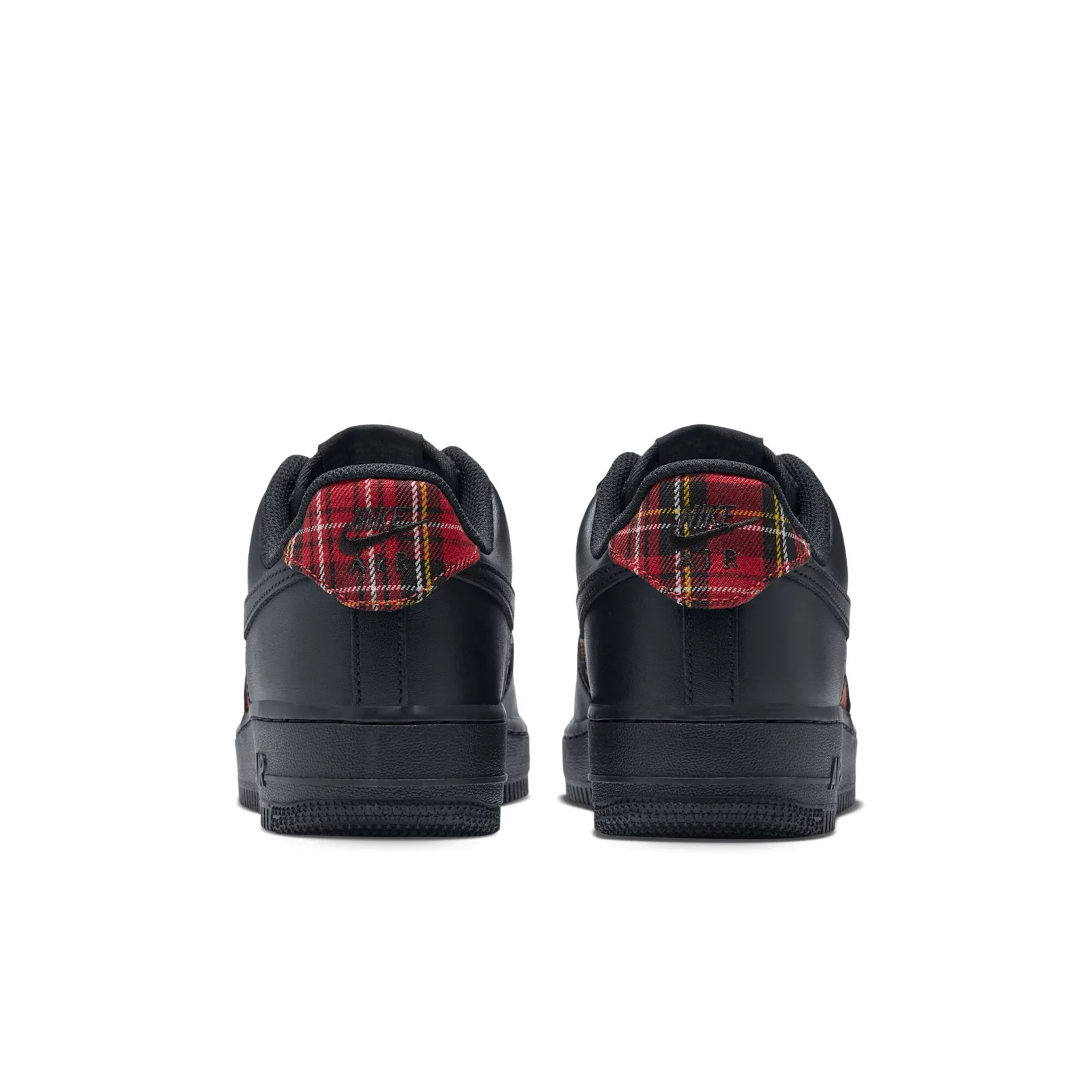 Heel view of pair, red plaid heel tabs with black Nike and AIR text on black leather, Red Plaid