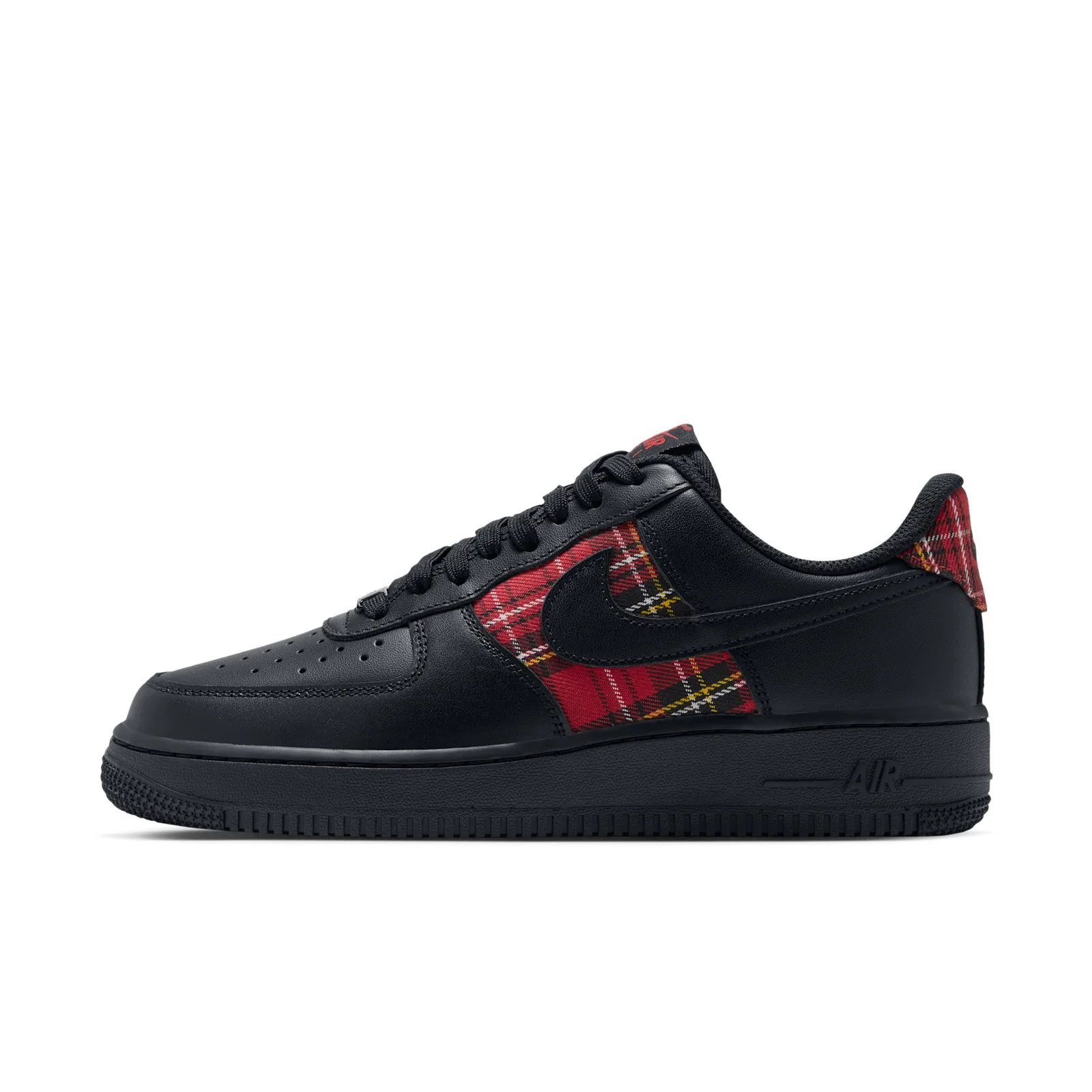 Lateral view on white, black leather with red, yellow and white tartan panel and AIR sole text, Red Plaid