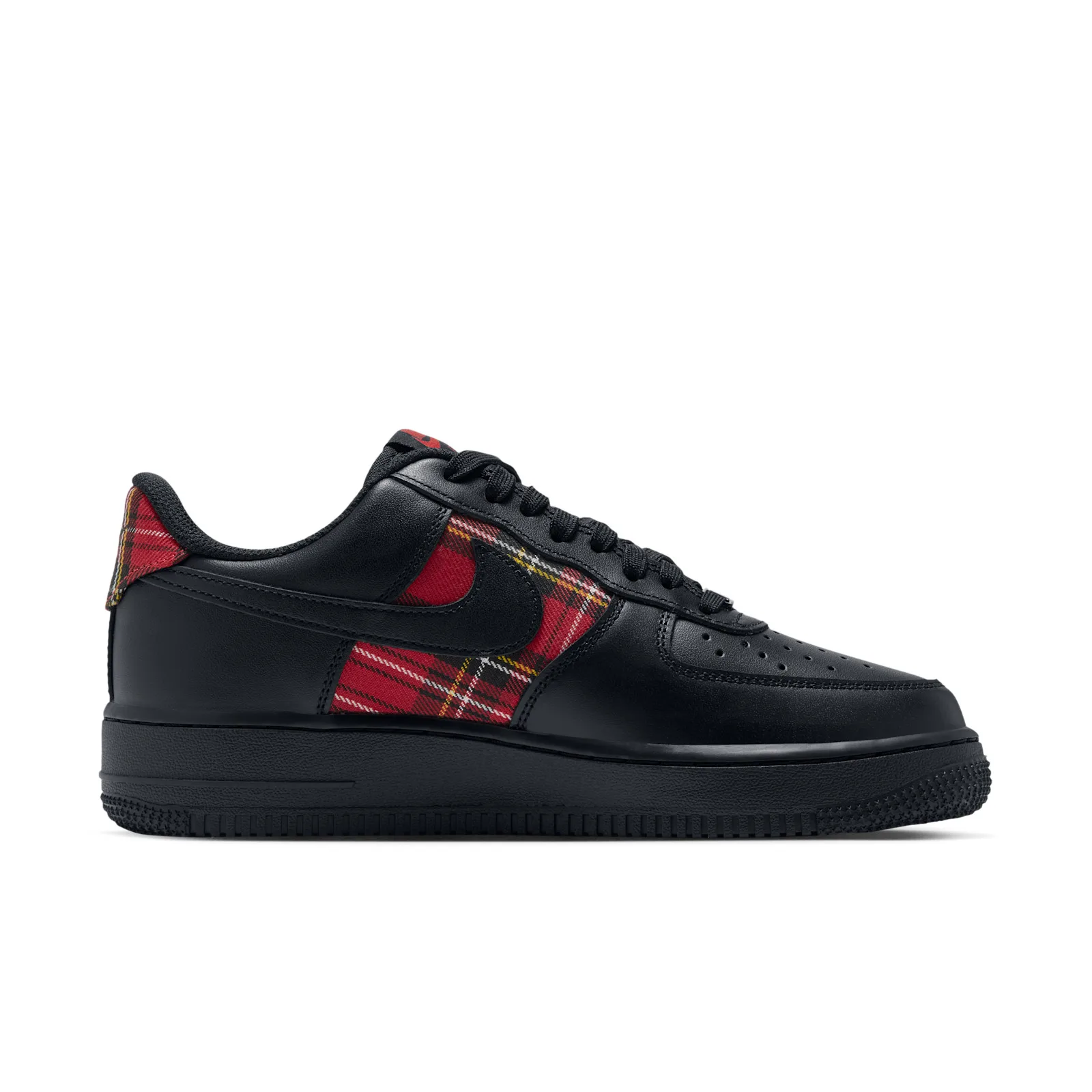 Medial view, black leather upper with red tartan panel behind the swoosh and plaid heel tab, Red Plaid