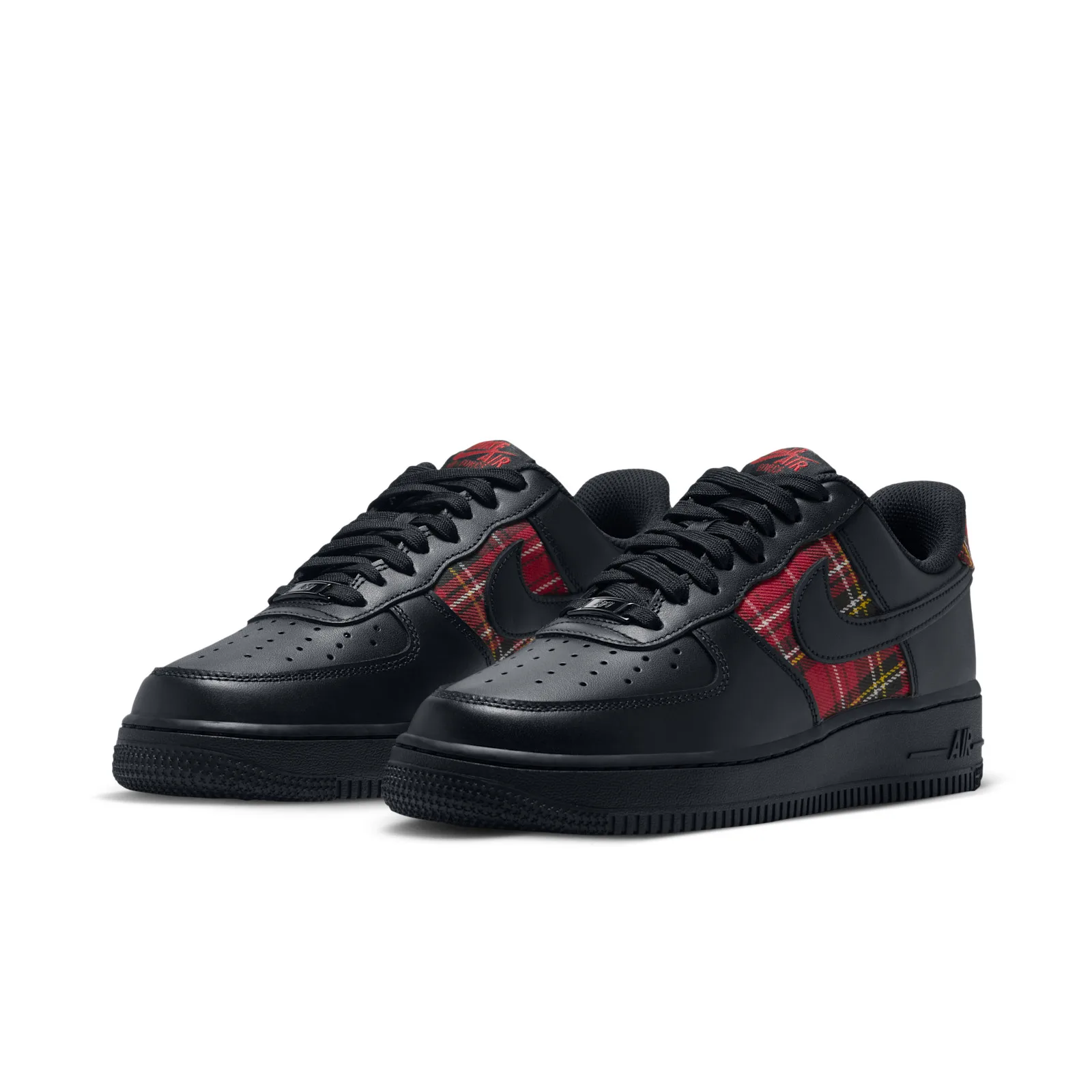 Pair at three-quarter angle, black leather with red plaid panels and red tongue logo, Red Plaid