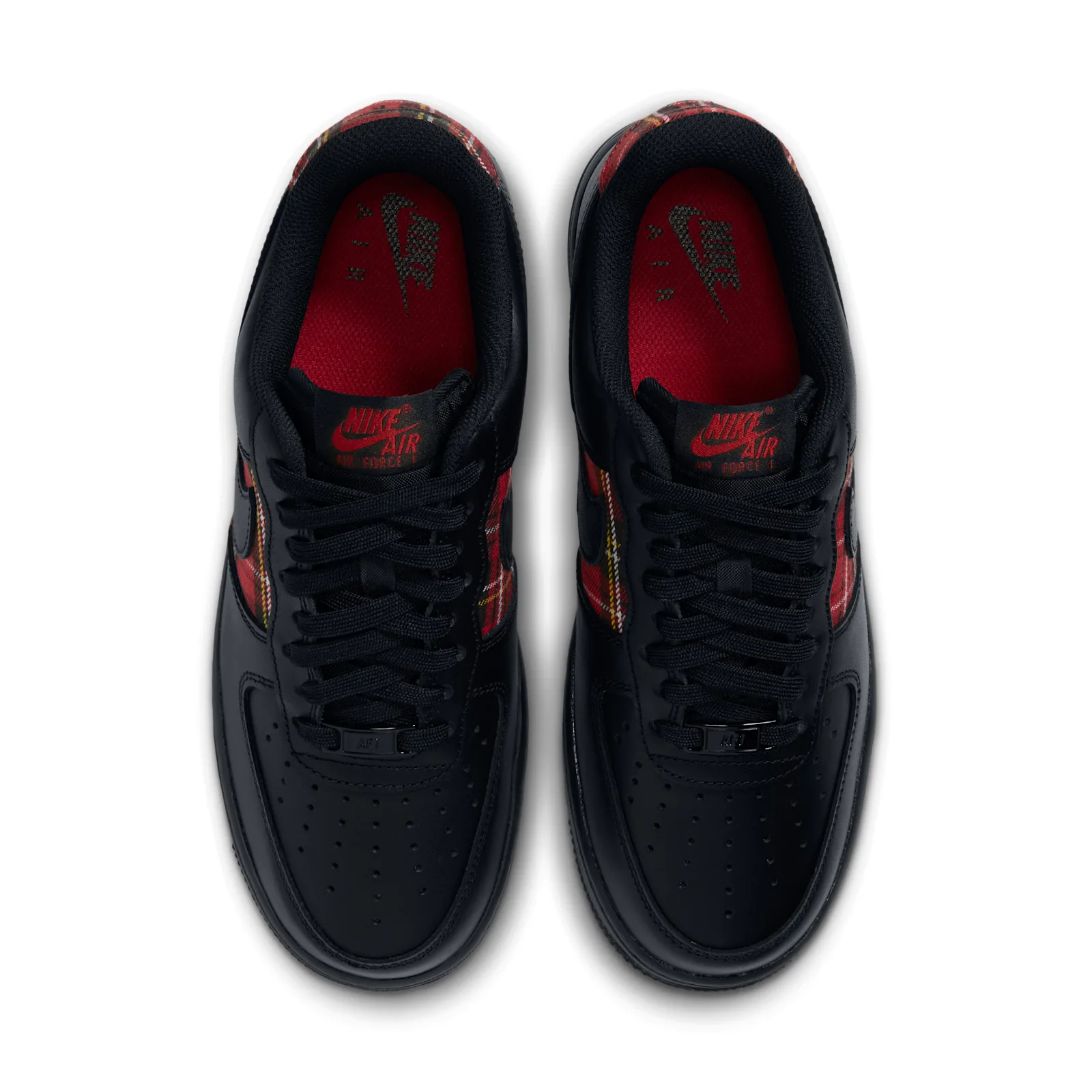 Top-down view of pair, black laces, red insoles and red Nike Air tongue labels, Red Plaid