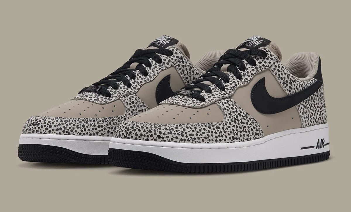 Pair, angled front view, black laces, dotted panels and white midsole with AIR, Safari