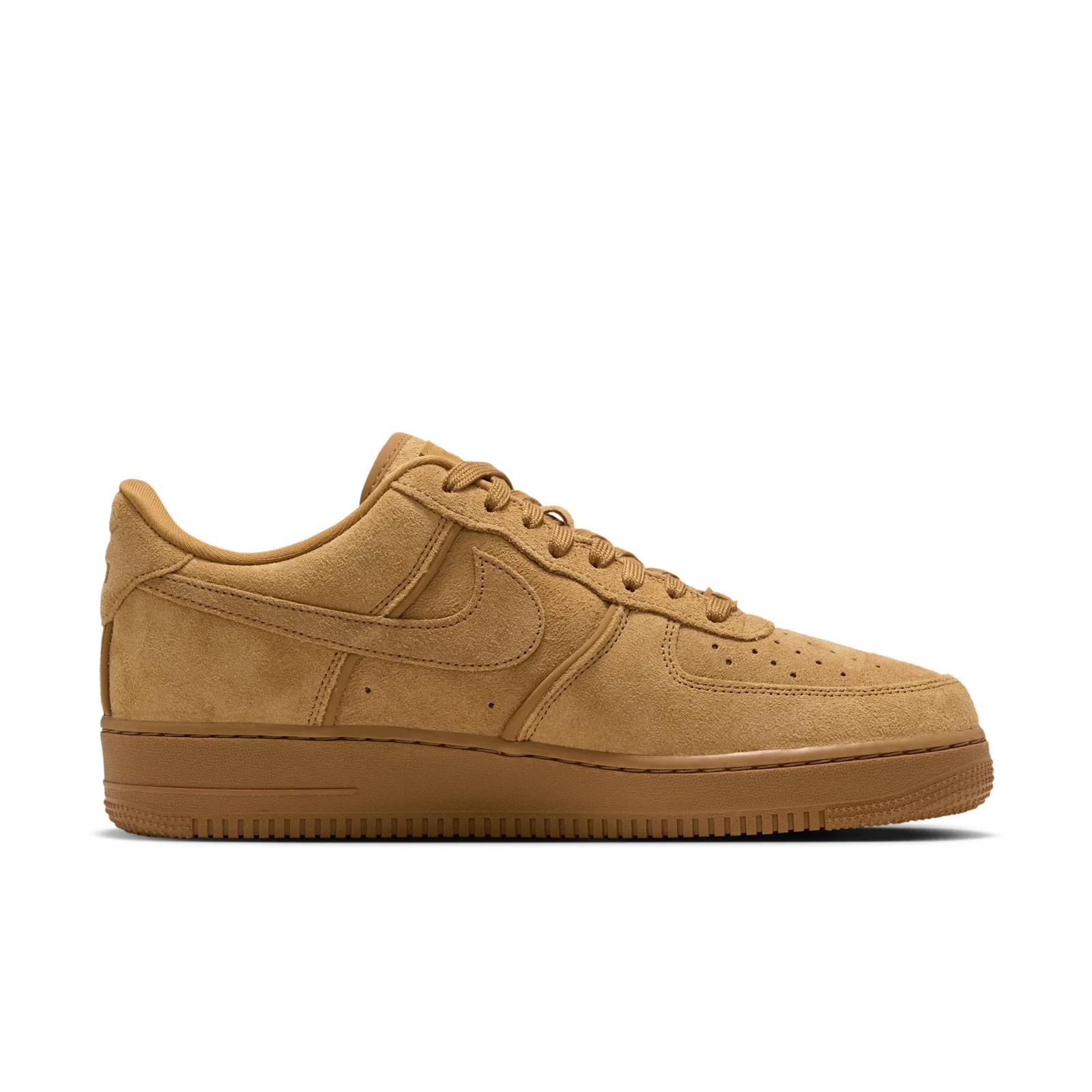 Medial view of tan suede low-top with tonal swoosh, tonal laces and gum midsole, white background, Wheat
