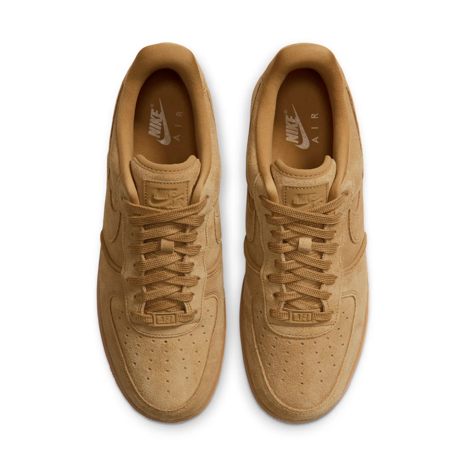 Top-down view of the pair with tan suede uppers, tonal laces, AF1 lace dubrae and Nike Air insoles, Wheat
