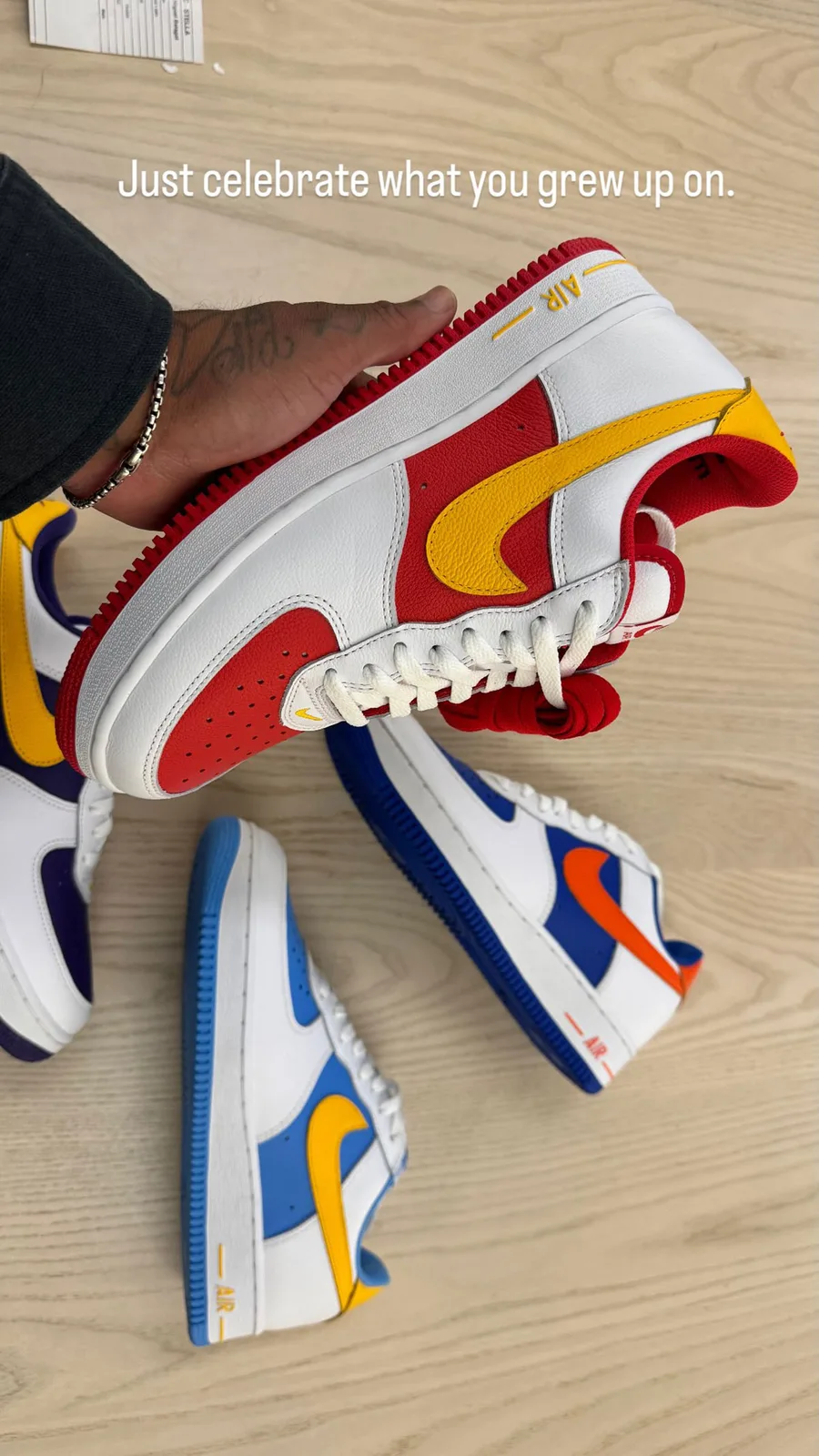 lateral view in hand with on-foot text overlay, red/white/yellow pair and more on floor, Remix Da Kickz