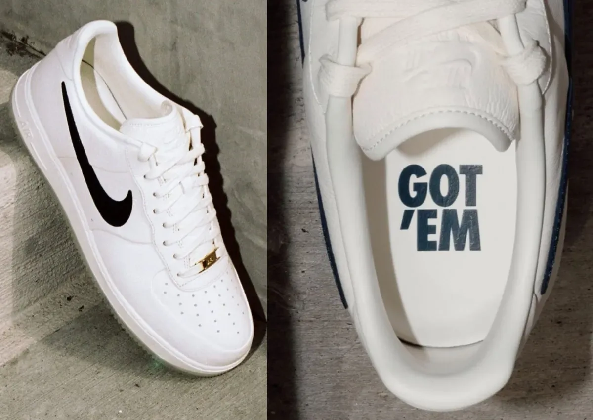 Two-panel collage: lateral shoe with black swoosh on steps, and top-down 