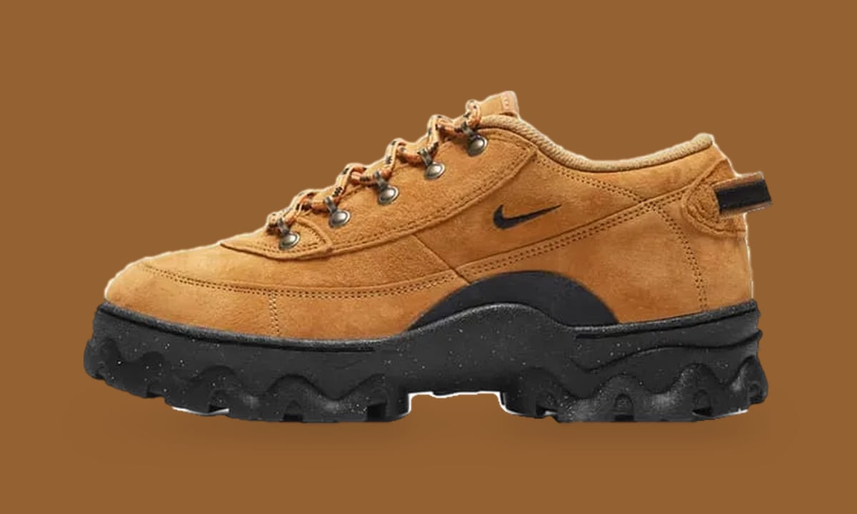 Lateral view of tan suede low boot with black swoosh, metal eyelets and chunky black sole, Black