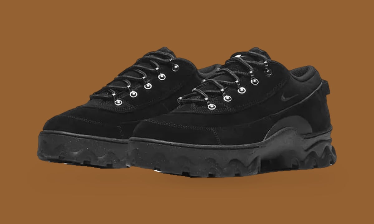 Pair in three-quarter view, all-black suede with silver eyelets and black laces, Black