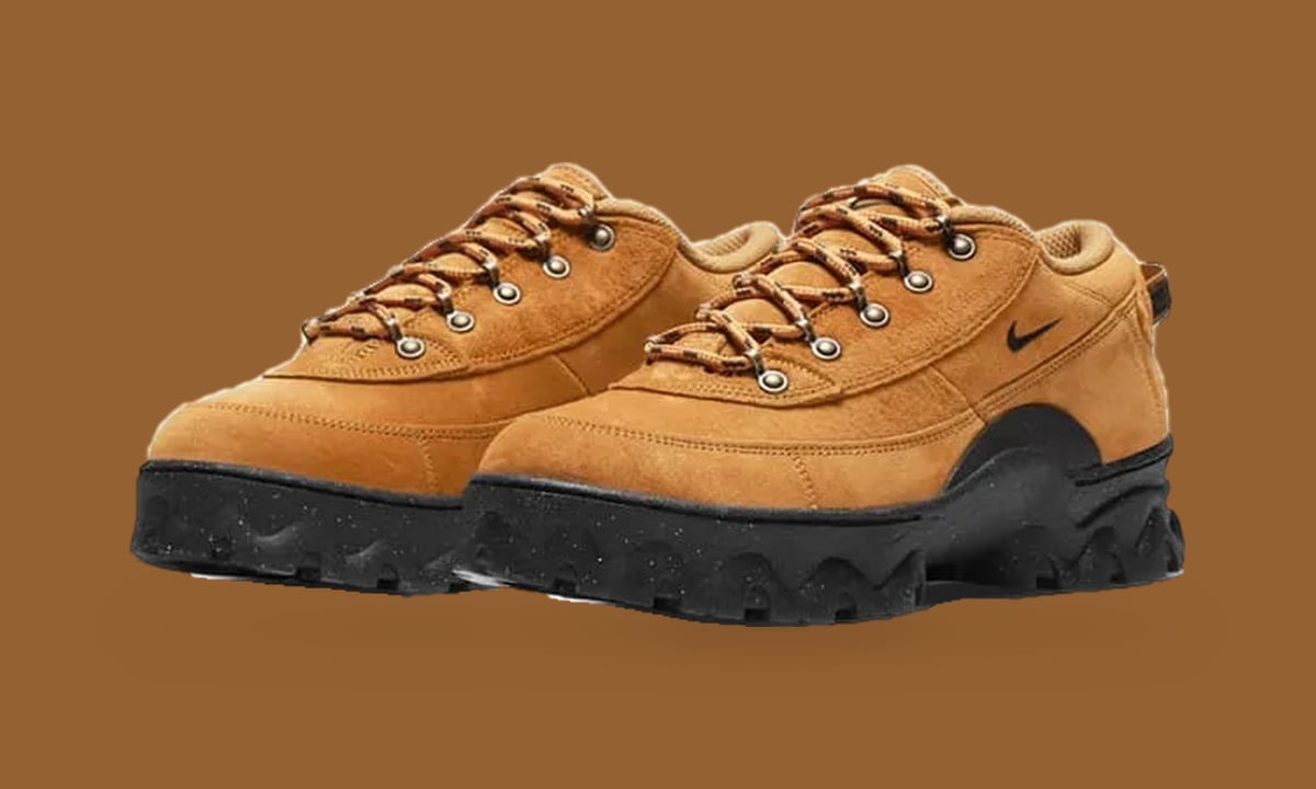 Pair in three-quarter view, tan suede with orange laces and chunky black speckled soles, Black