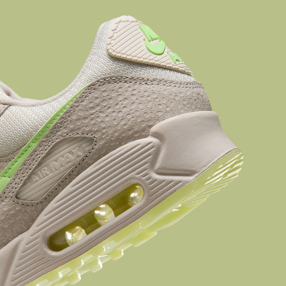Heel detail with textured beige overlays and green Nike branding, Glow In The Dark Safari