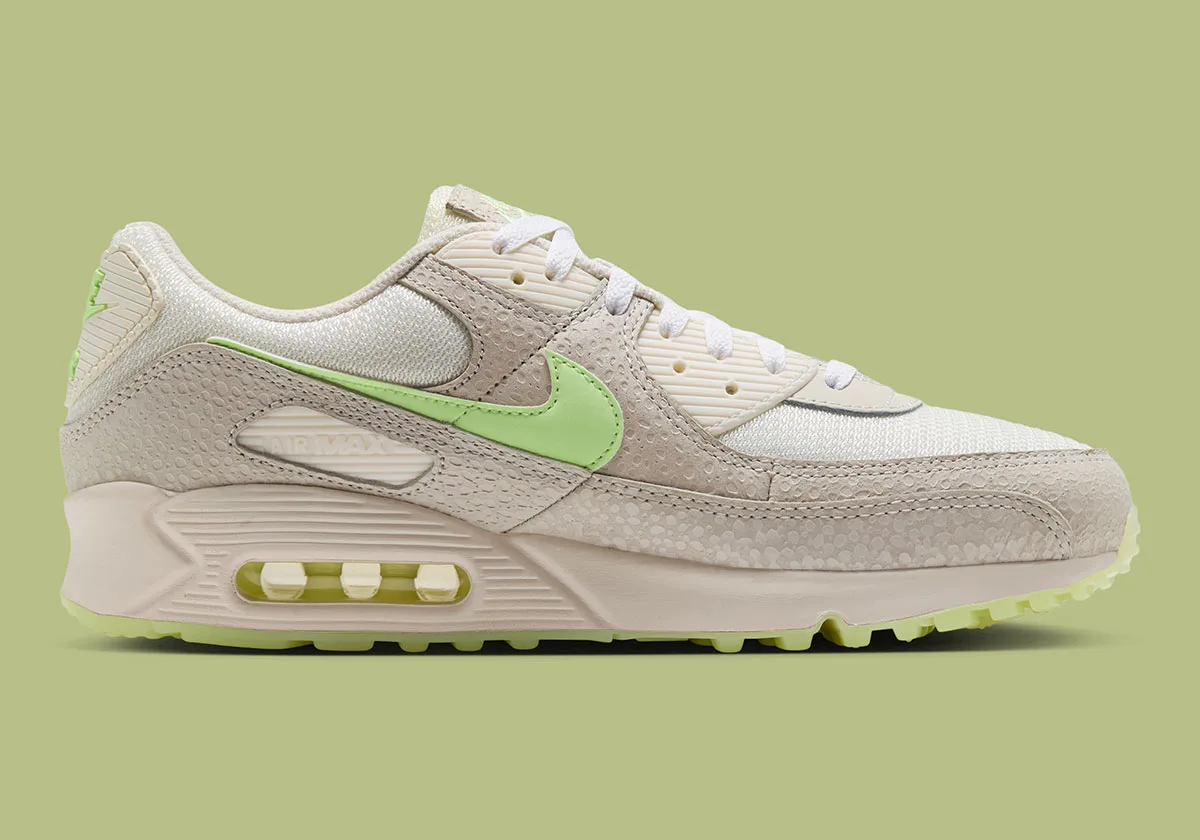 Medial view with textured beige overlays and a pale green Swoosh, Glow In The Dark Safari