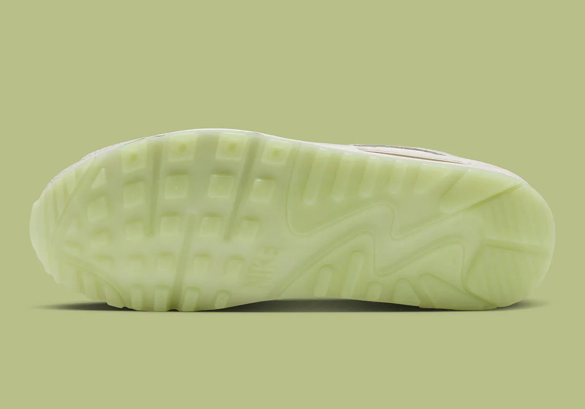 Outsole view with translucent pale green tread and a molded Swoosh, Glow In The Dark Safari