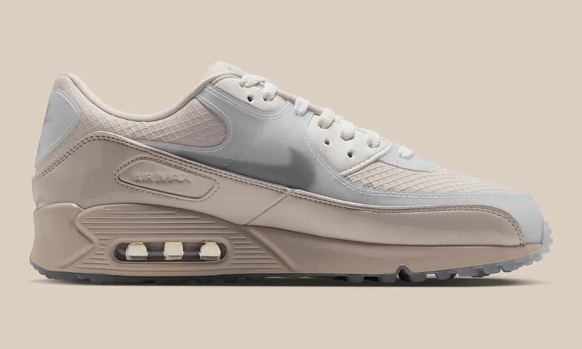 Medial view with taupe patent panels, grey Swoosh and Air Max window, Light Orewood Brown