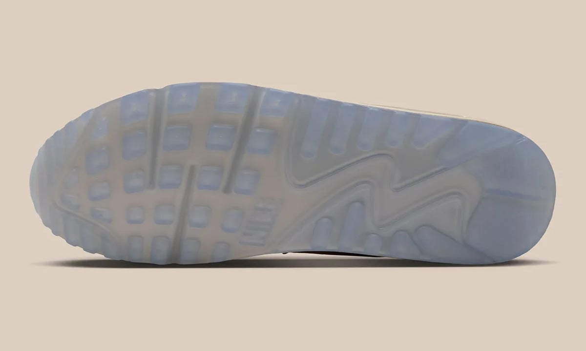 Outsole view with translucent icy blue-grey rubber and waffle-style tread, Light Orewood Brown
