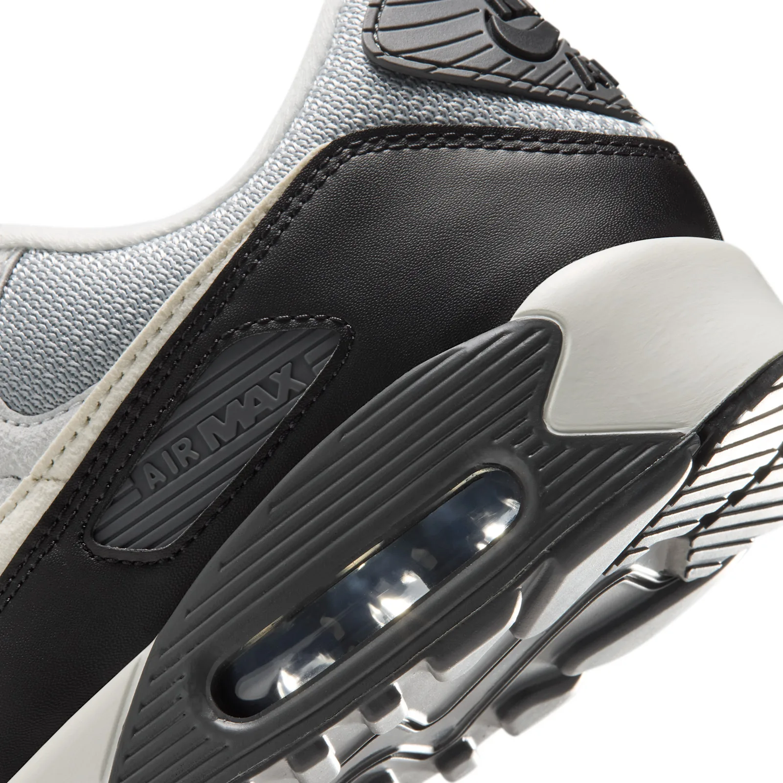 Detail of heel, black leather overlay, grey Air Max embossing, ribbed dark grey Air unit, grey mesh, Light Smoke Grey