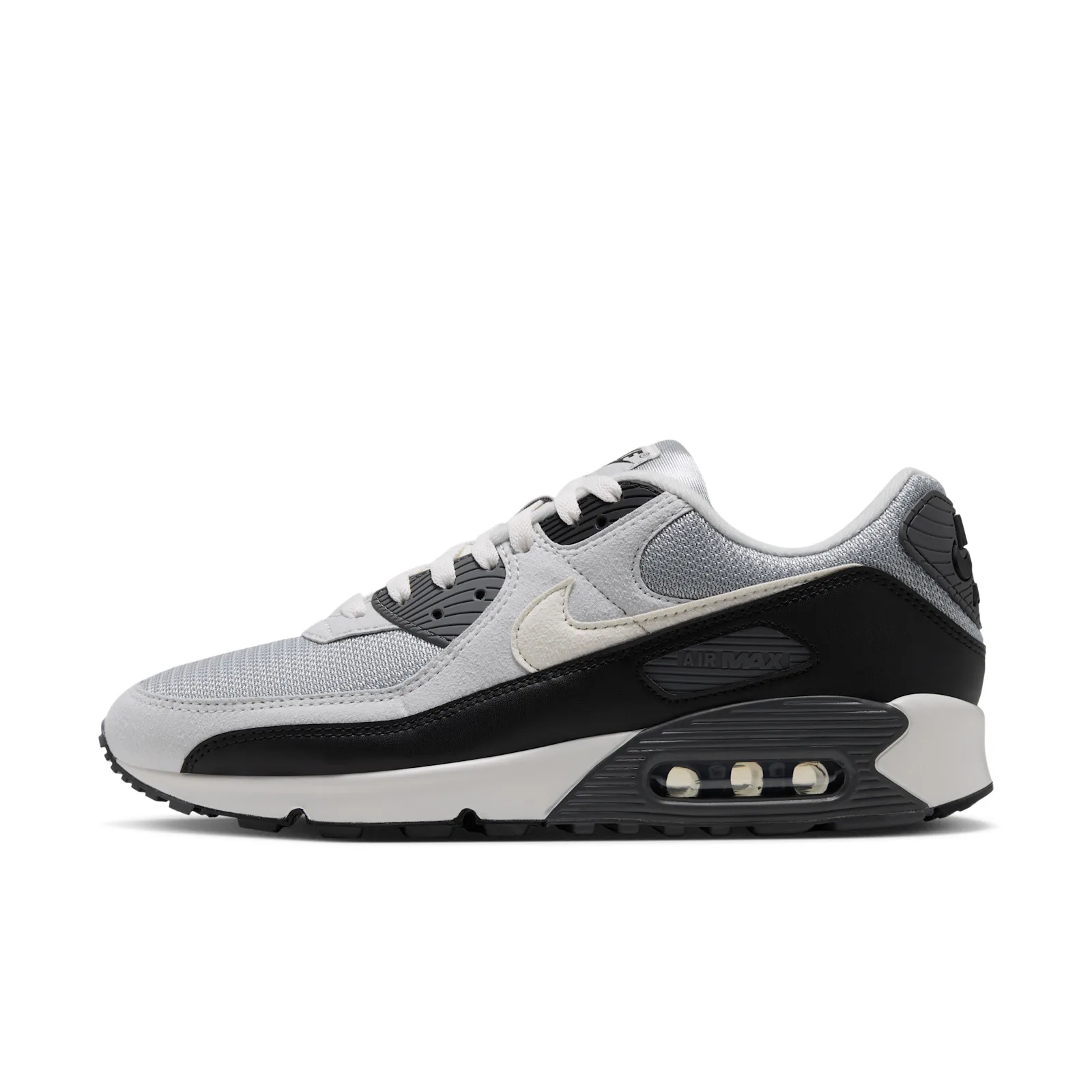 Lateral view on white, light grey suede and mesh, black leather panels, cream swoosh, three-pod heel Air window, Light Smoke