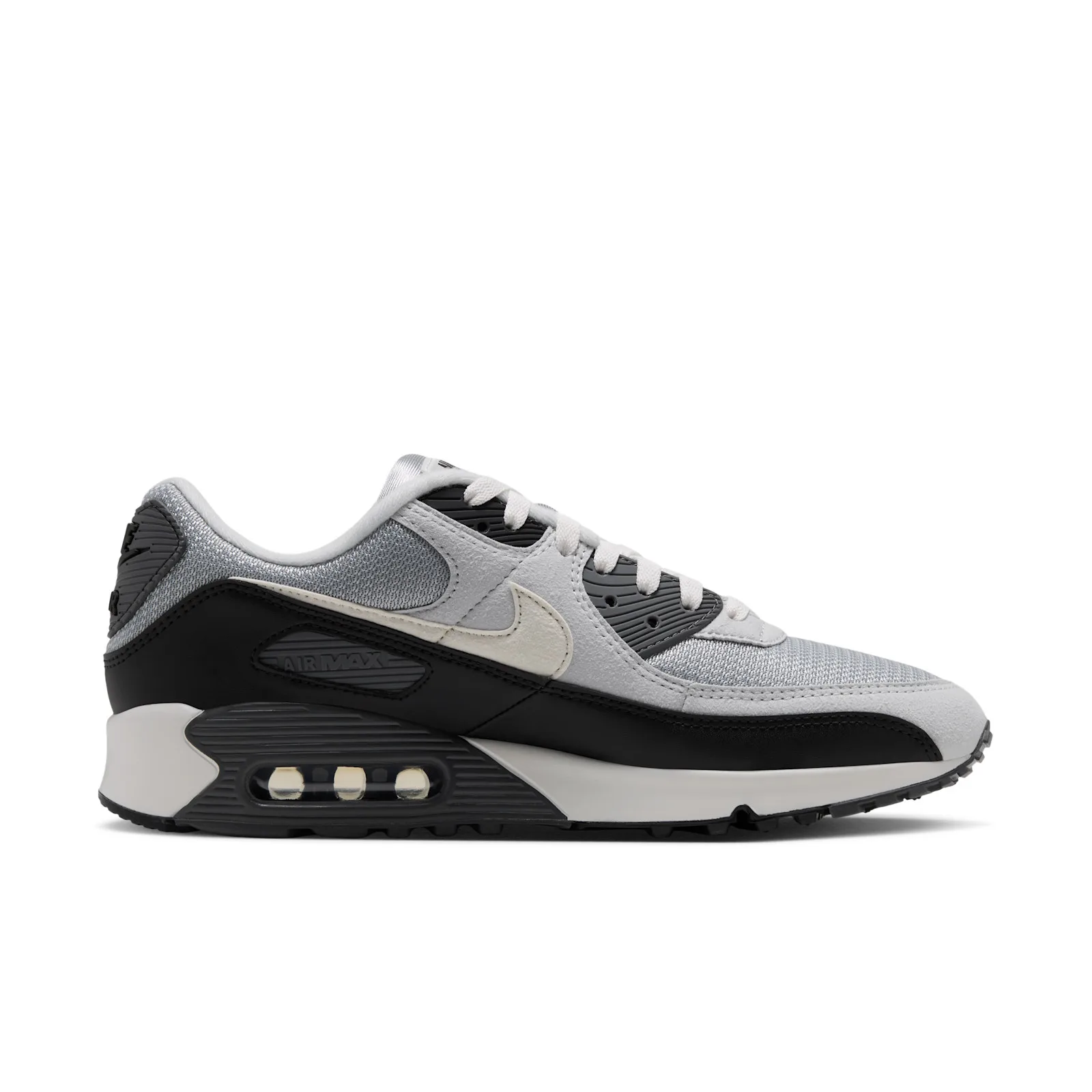 Medial view on white, grey mesh and suede, black leather, cream swoosh, dark grey heel Air unit, Light Smoke Grey