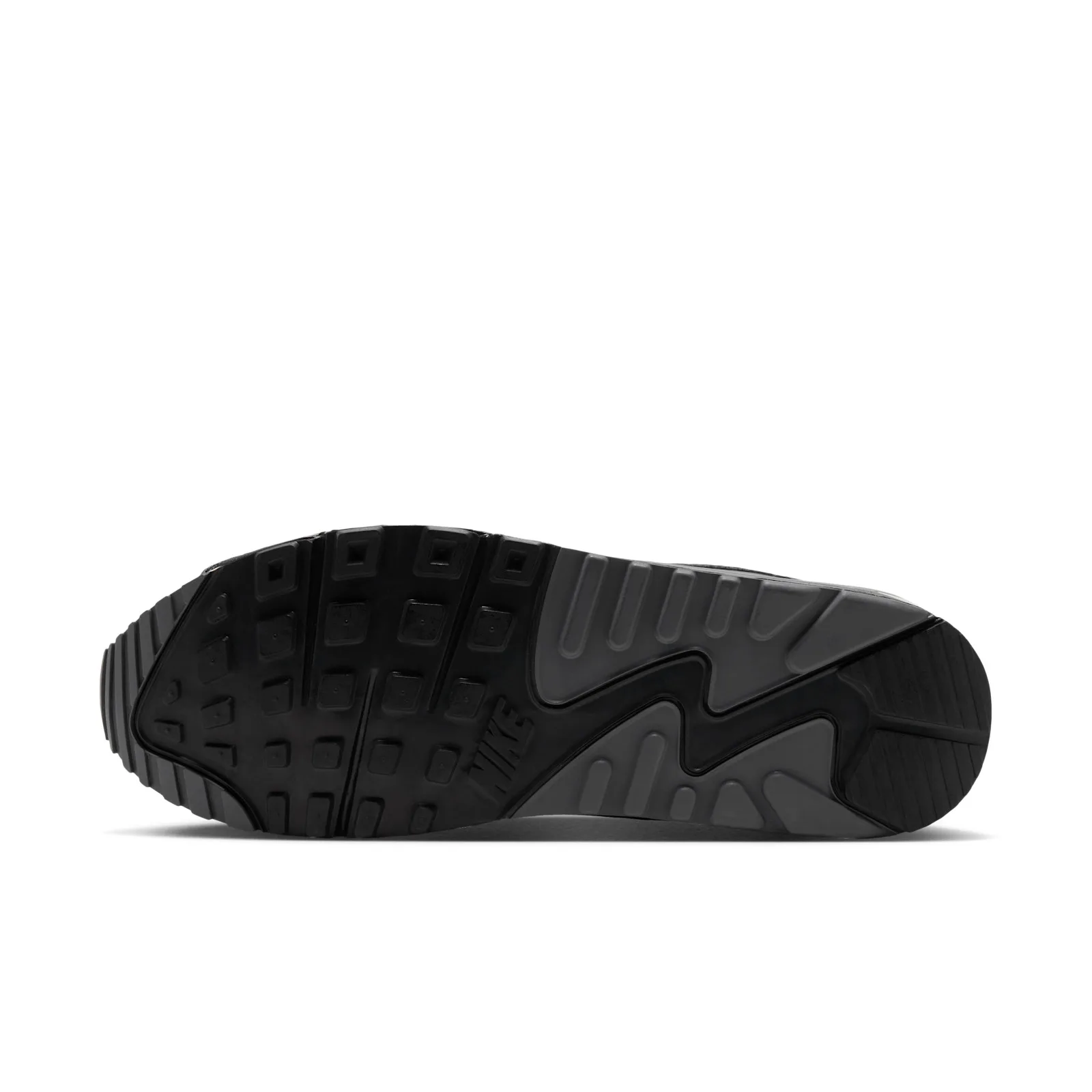 Outsole view, black and dark grey rubber with square tread pattern and Nike logo near the arch, Light Smoke Grey