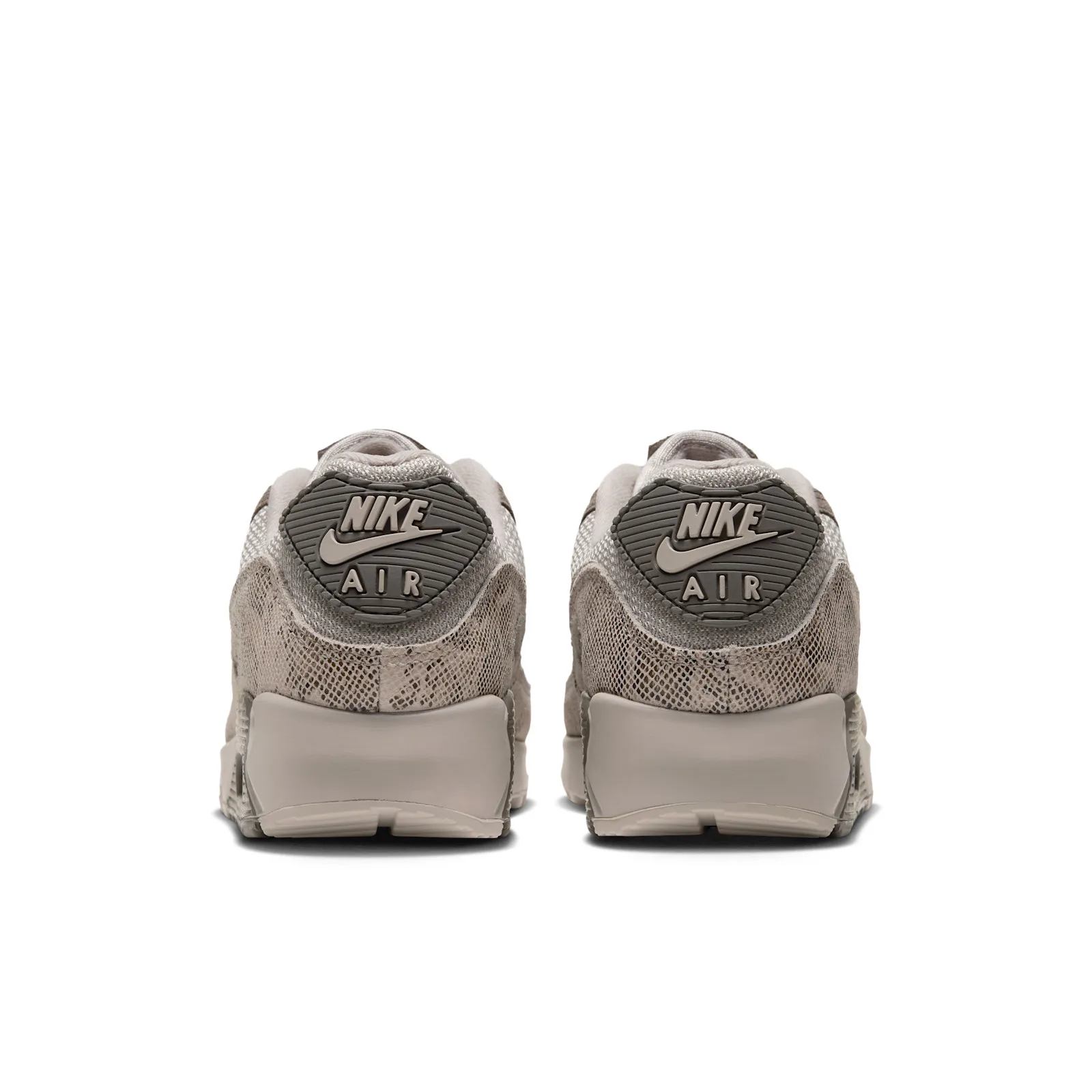 Heel view of pair with dark ribbed Nike Air tabs and snakeskin panels, Python